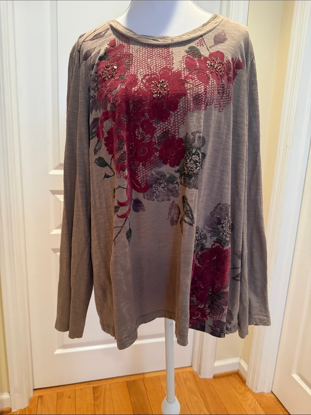 Sonoma Taupe Long-Sleeve Top with Burgundy Floral Embellishment